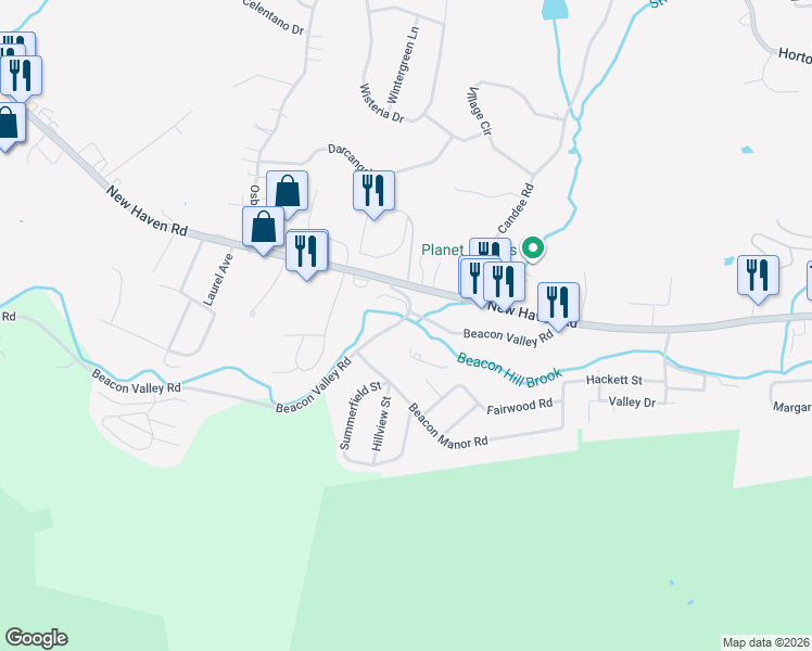 map of restaurants, bars, coffee shops, grocery stores, and more near 701 Beacon Valley Road in Naugatuck