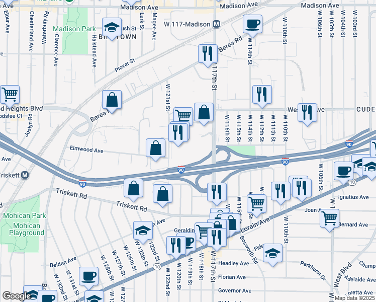 map of restaurants, bars, coffee shops, grocery stores, and more near 3100 W 120th St in Cleveland