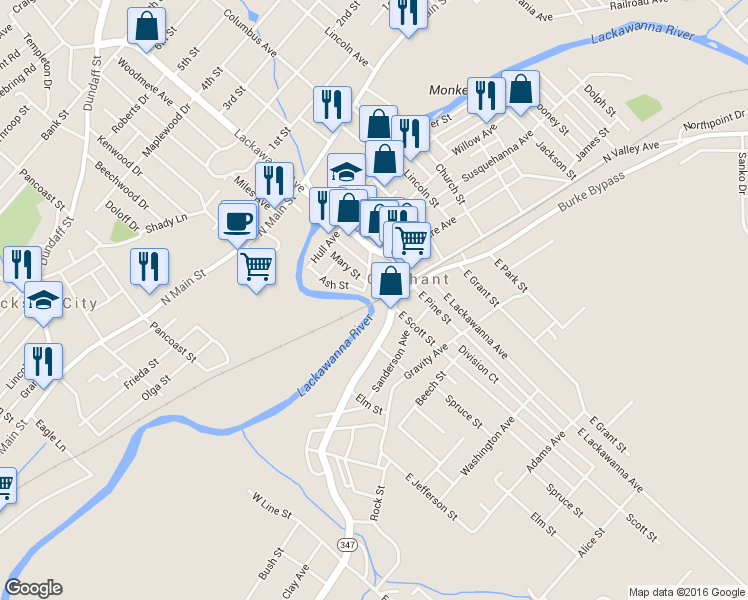 map of restaurants, bars, coffee shops, grocery stores, and more near 127 S Garfield St in Olyphant