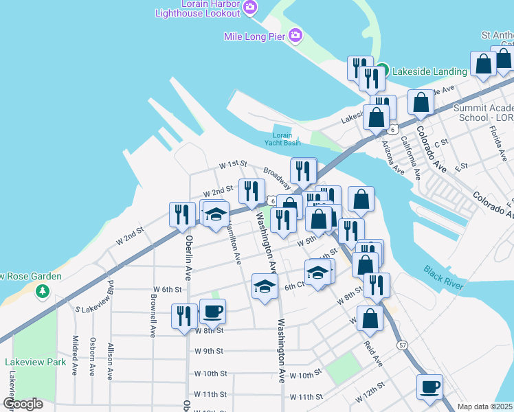 map of restaurants, bars, coffee shops, grocery stores, and more near W Erie Ave & Washington Ave in Lorain