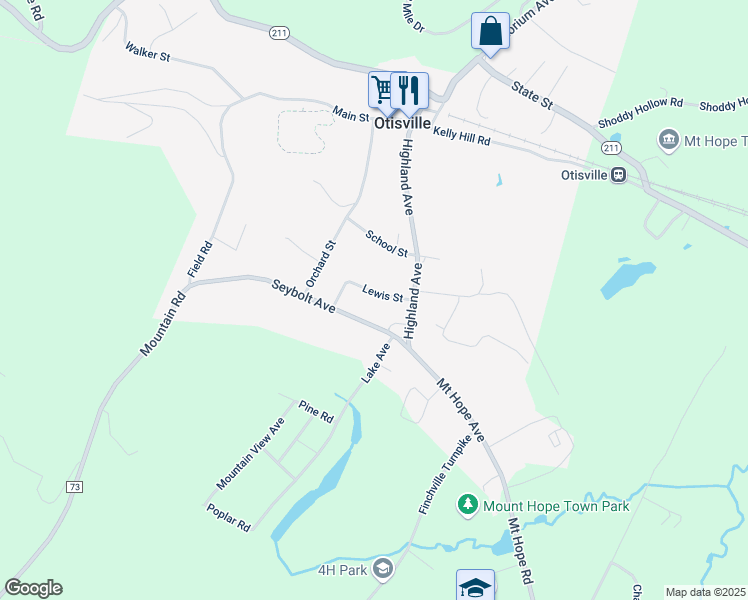 map of restaurants, bars, coffee shops, grocery stores, and more near 11 Lewis Street in Otisville