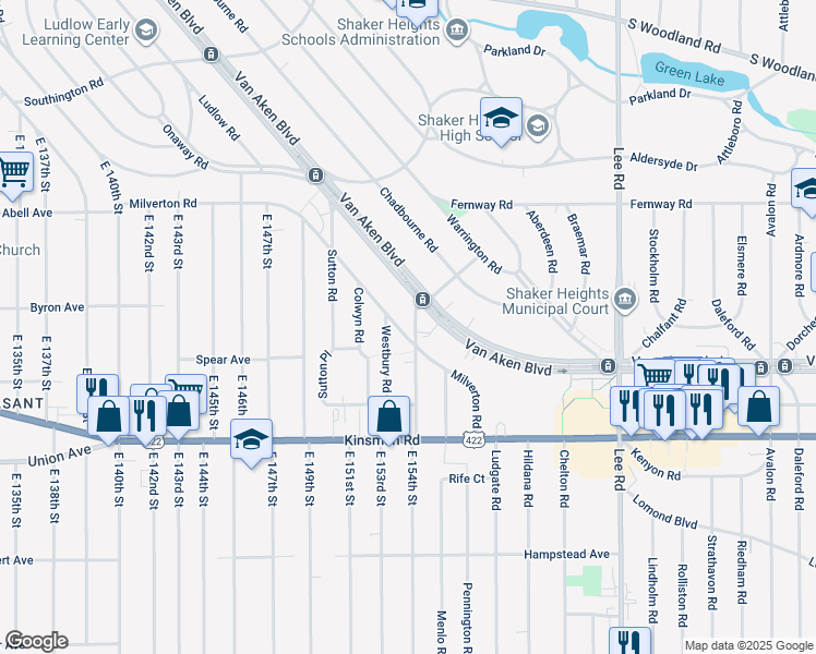 map of restaurants, bars, coffee shops, grocery stores, and more near 3374 Ashby Road in Shaker Heights