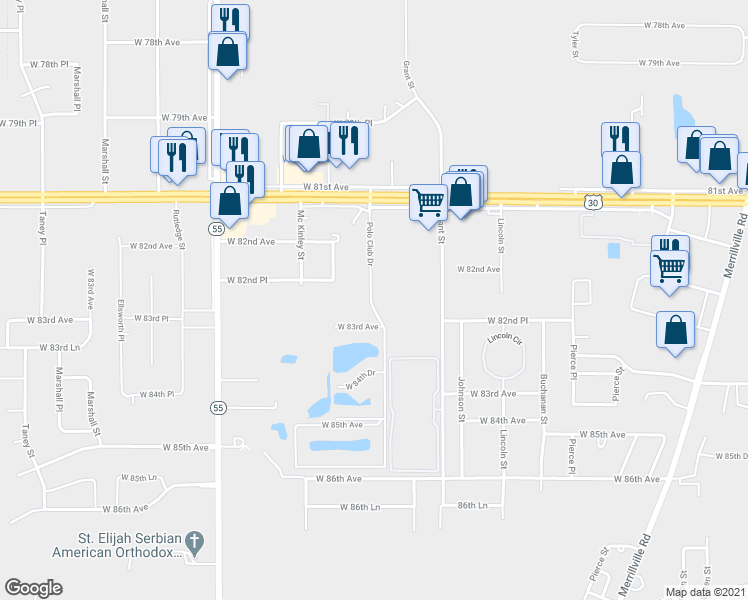 map of restaurants, bars, coffee shops, grocery stores, and more near 8424 Polo Club Drive in Merrillville