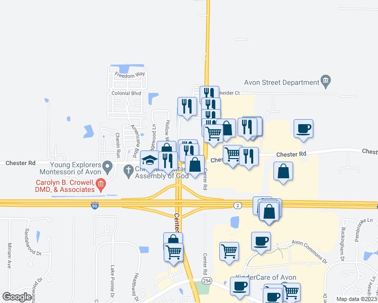 map of restaurants, bars, coffee shops, grocery stores, and more near 36080 Chester Road in Avon