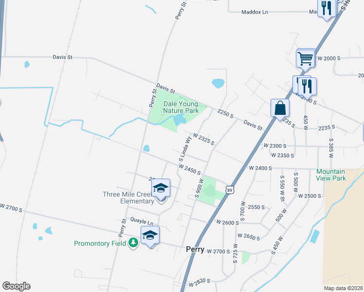map of restaurants, bars, coffee shops, grocery stores, and more near 2380 South Linda Way in Perry