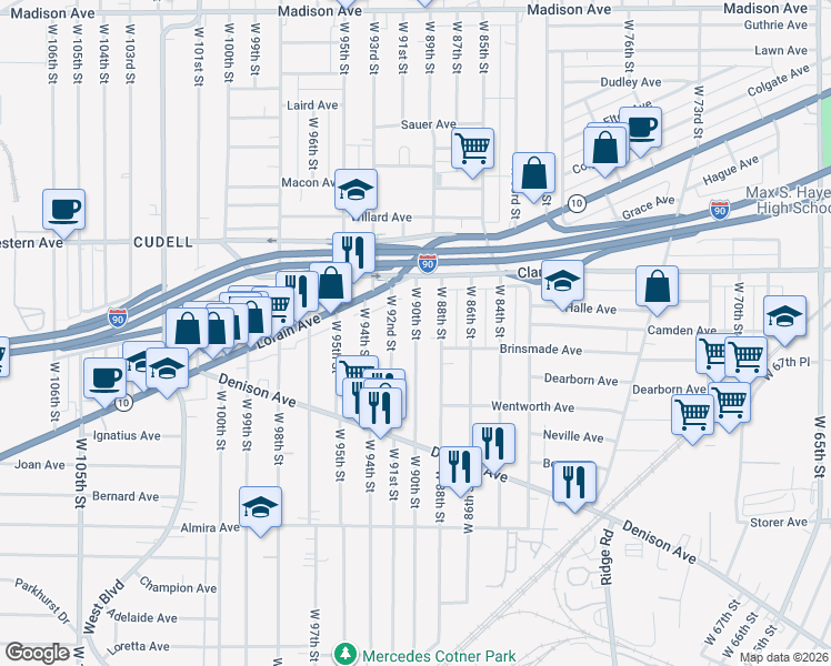 map of restaurants, bars, coffee shops, grocery stores, and more near West 90th Street in Cleveland
