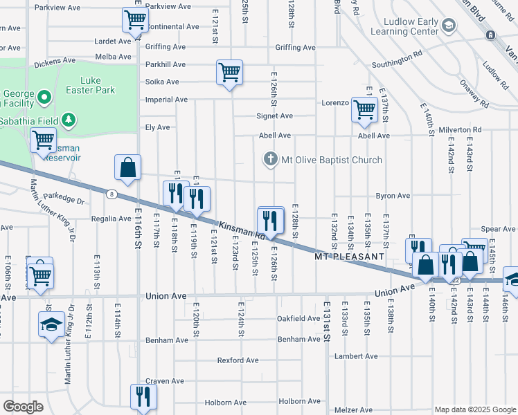 map of restaurants, bars, coffee shops, grocery stores, and more near 3355 East 125th Street in Cleveland