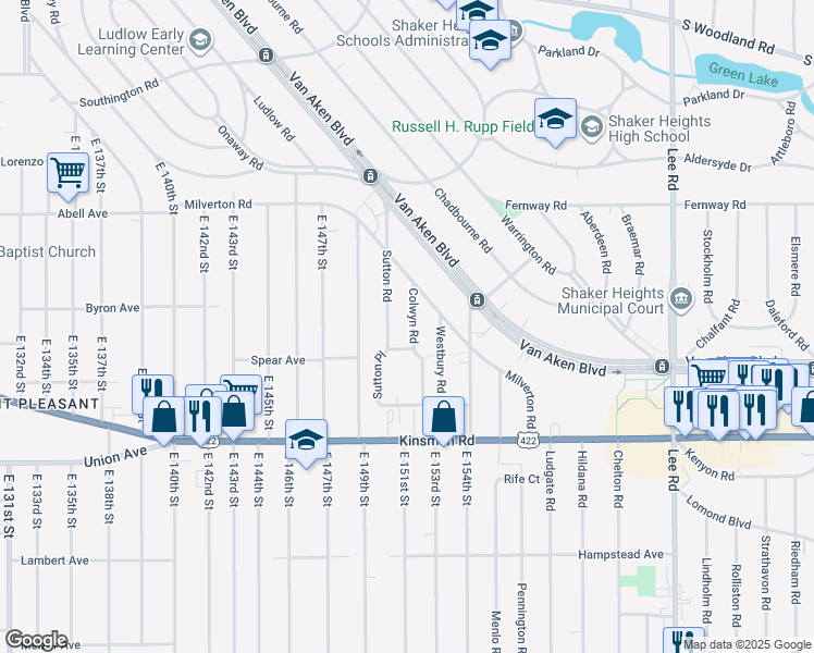 map of restaurants, bars, coffee shops, grocery stores, and more near 3372 Colwyn Road in Shaker Heights