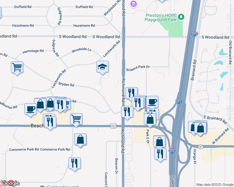 map of restaurants, bars, coffee shops, grocery stores, and more near 3333 Richmond Road in Beachwood