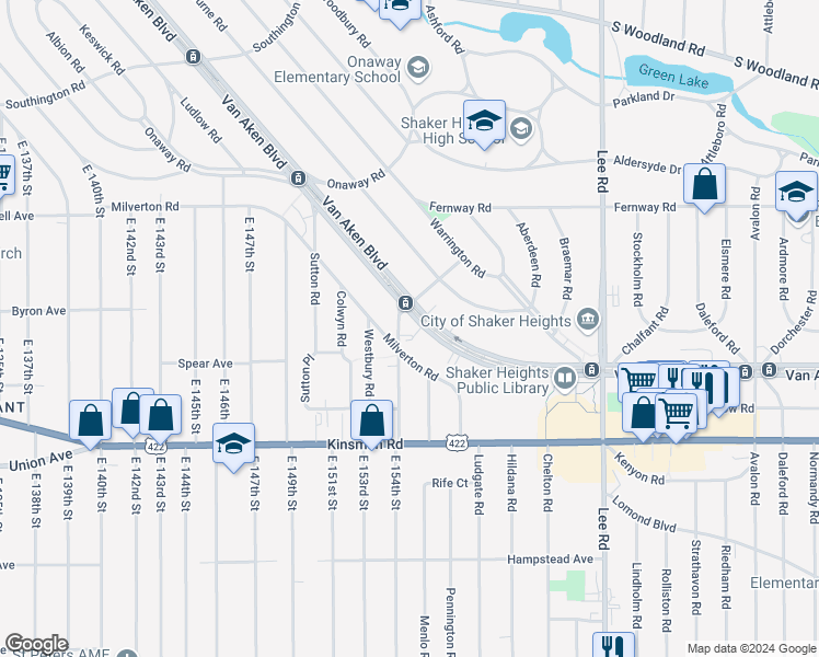 map of restaurants, bars, coffee shops, grocery stores, and more near 3374 Ashby Road in Shaker Heights