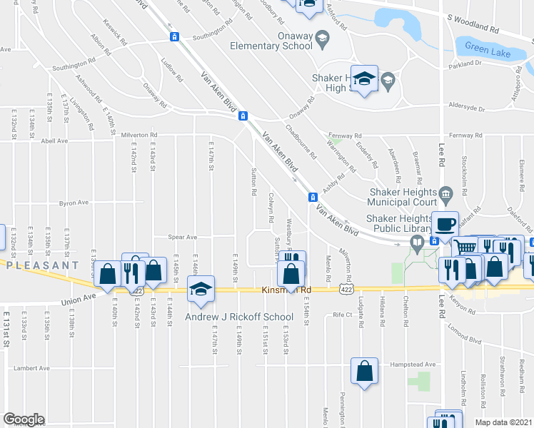 map of restaurants, bars, coffee shops, grocery stores, and more near 3383 Sutton Road in Shaker Heights