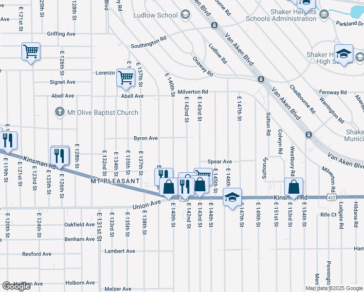 map of restaurants, bars, coffee shops, grocery stores, and more near 3383 East 142nd Street in Cleveland