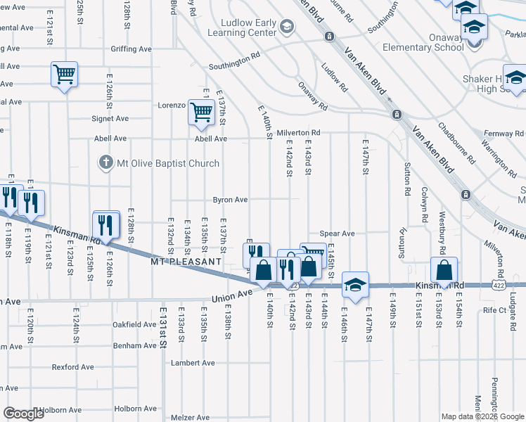 map of restaurants, bars, coffee shops, grocery stores, and more near 3390 East 140th Street in Cleveland