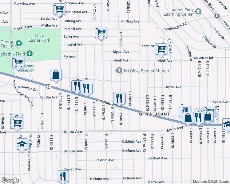 map of restaurants, bars, coffee shops, grocery stores, and more near 3355 East 125th Street in Cleveland