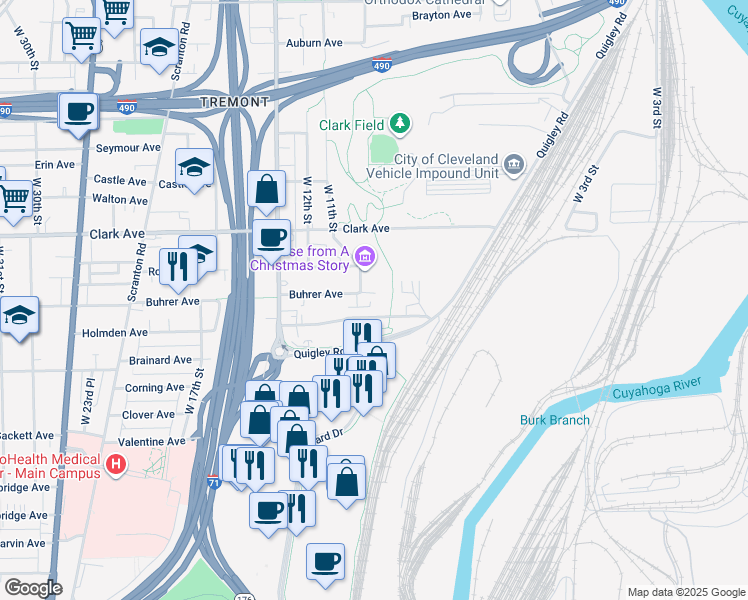 map of restaurants, bars, coffee shops, grocery stores, and more near 1078 Holmden Avenue in Cleveland