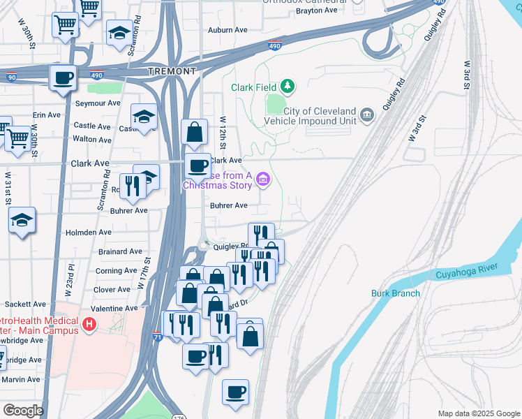 map of restaurants, bars, coffee shops, grocery stores, and more near 1078 Holmden Avenue in Cleveland