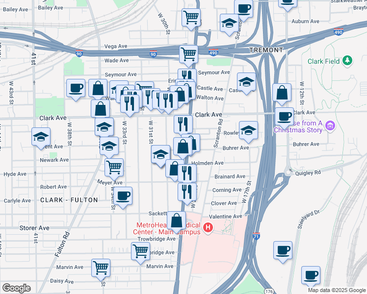 map of restaurants, bars, coffee shops, grocery stores, and more near 3196 West 25th Street in Cleveland