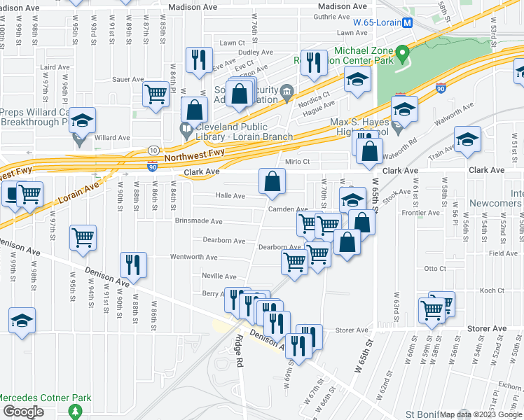 map of restaurants, bars, coffee shops, grocery stores, and more near 3171 West 73rd Street in Cleveland