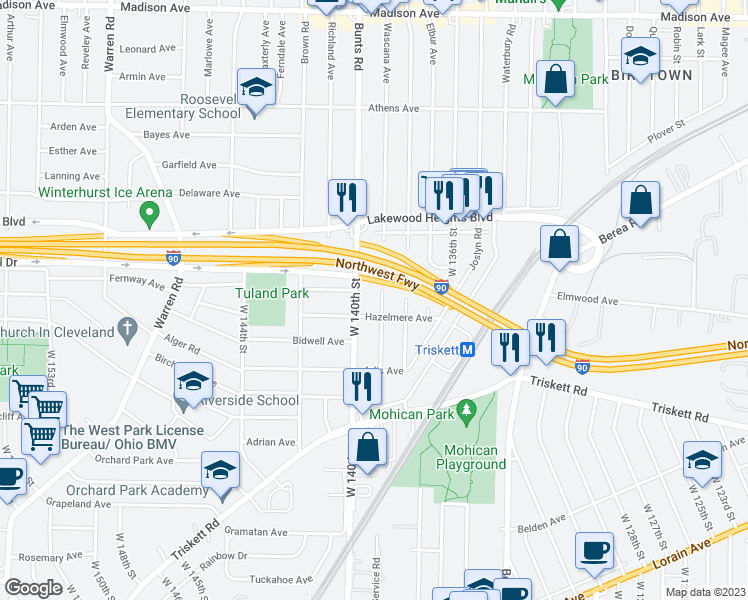 map of restaurants, bars, coffee shops, grocery stores, and more near 3148 West 139th Street in Cleveland