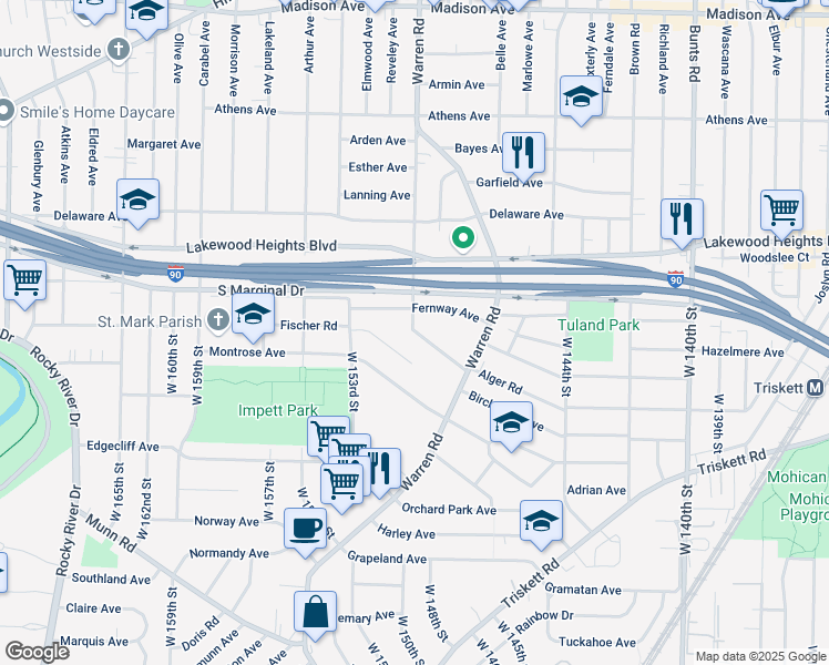 map of restaurants, bars, coffee shops, grocery stores, and more near 15006 Dana Avenue in Cleveland