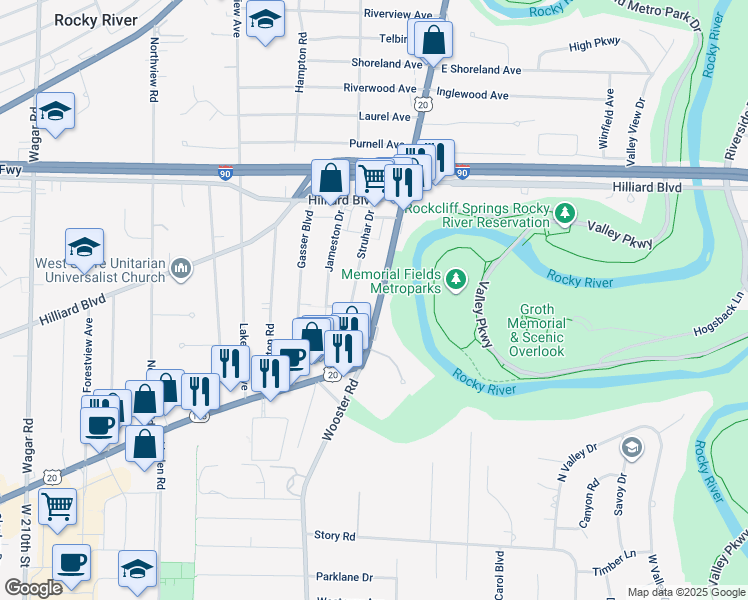 map of restaurants, bars, coffee shops, grocery stores, and more near 2691 Struhar Drive in Rocky River