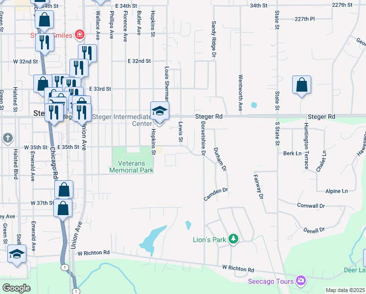 map of restaurants, bars, coffee shops, grocery stores, and more near 3438 Loverock Avenue in Steger