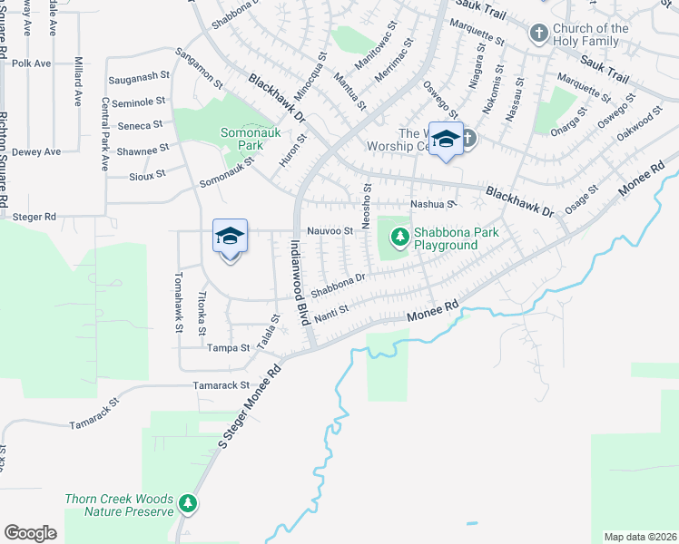map of restaurants, bars, coffee shops, grocery stores, and more near 177 Shabbona Drive in Park Forest