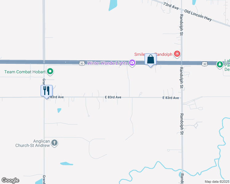 map of restaurants, bars, coffee shops, grocery stores, and more near 7202 East 83rd Avenue in Crown Point