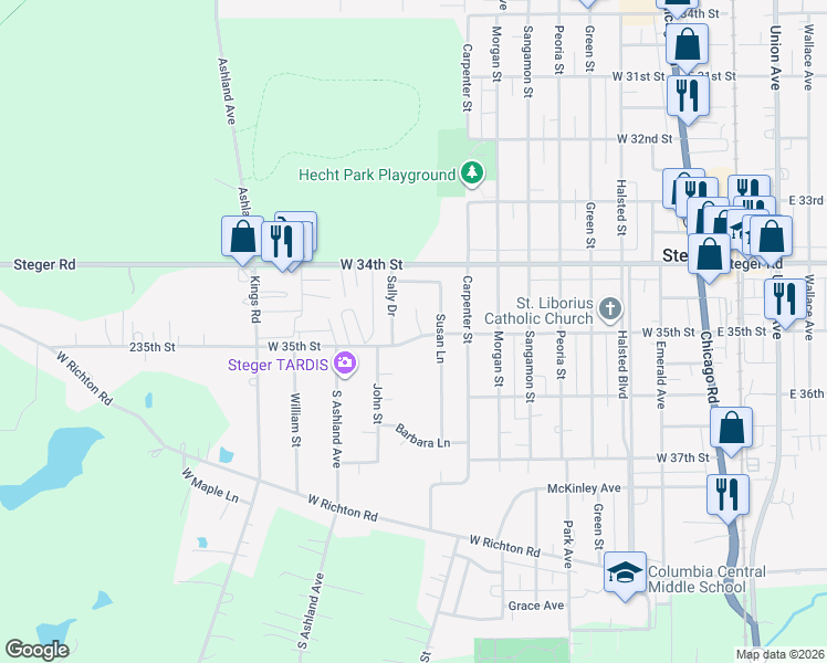 map of restaurants, bars, coffee shops, grocery stores, and more near 3500 Susan Lane in Steger