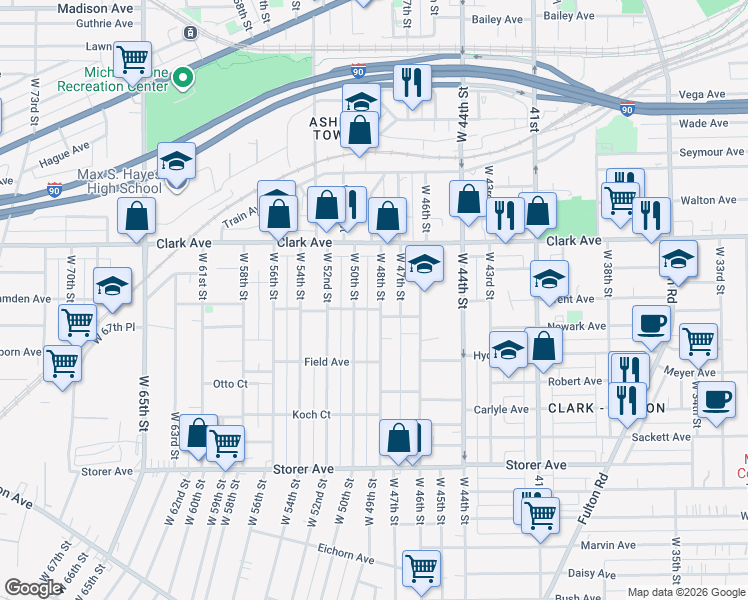 map of restaurants, bars, coffee shops, grocery stores, and more near 3175 West 48th Street in Cleveland