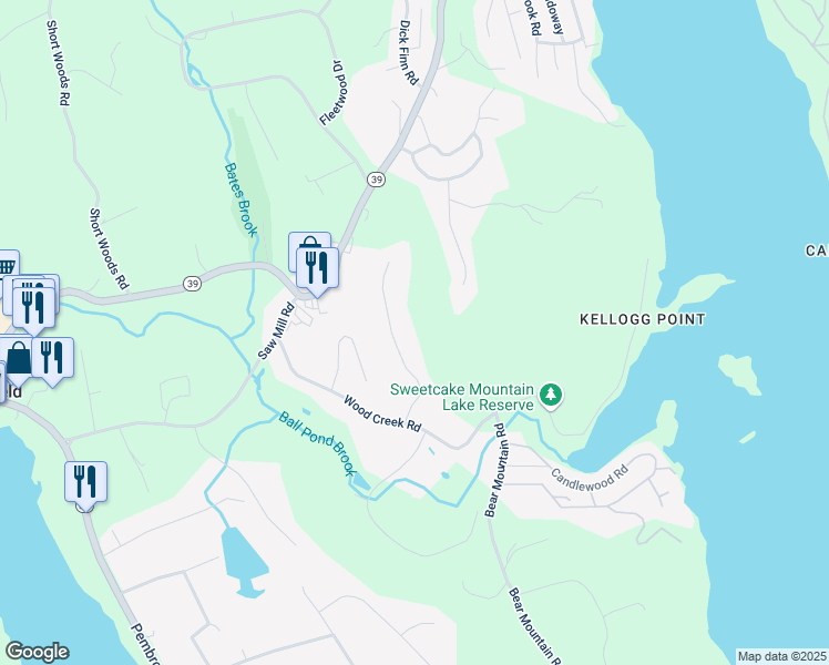 map of restaurants, bars, coffee shops, grocery stores, and more near 12 Woods Way in New Fairfield