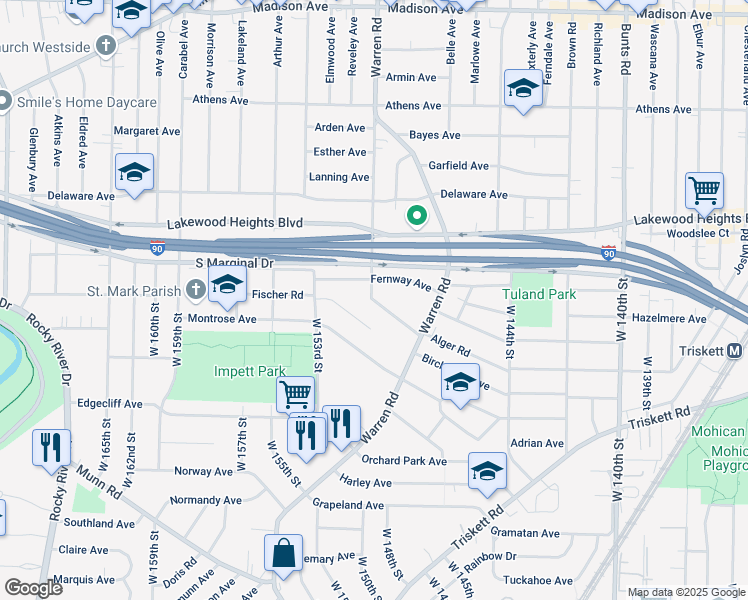 map of restaurants, bars, coffee shops, grocery stores, and more near 15006 Dana Avenue in Cleveland