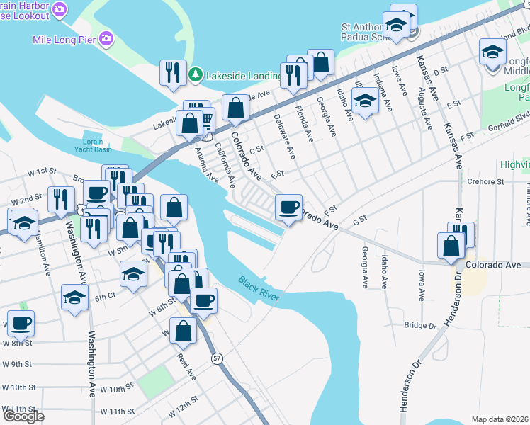 map of restaurants, bars, coffee shops, grocery stores, and more near 375 California Avenue in Lorain