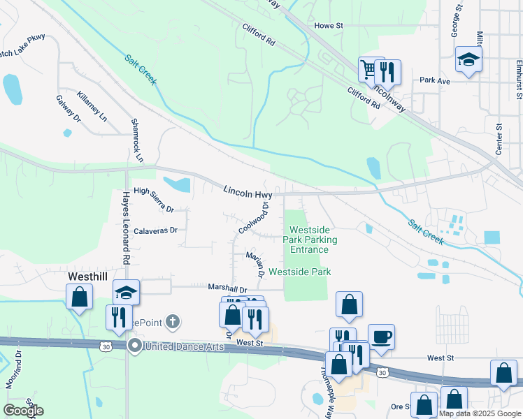 map of restaurants, bars, coffee shops, grocery stores, and more near 54 Coolwood Drive in Valparaiso