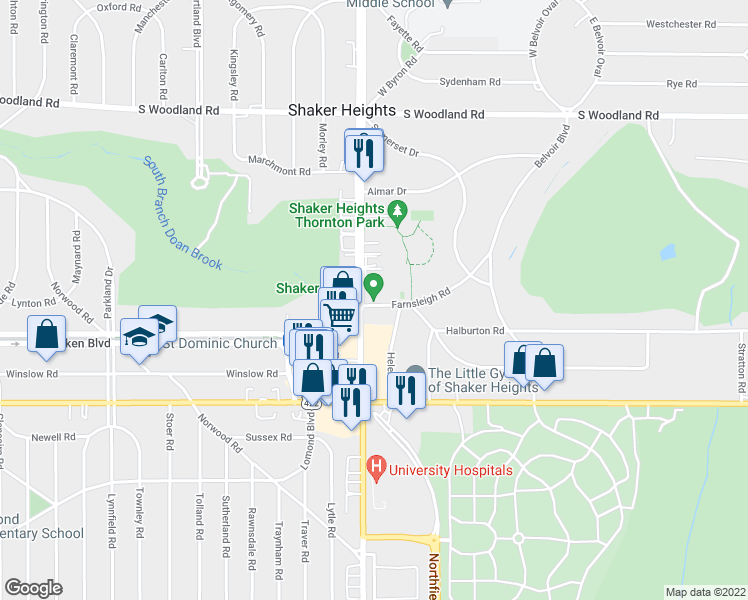 map of restaurants, bars, coffee shops, grocery stores, and more near 20475 Farnsleigh Road in Shaker Heights