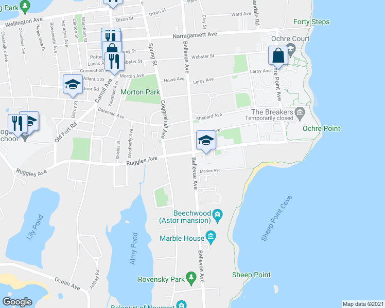 map of restaurants, bars, coffee shops, grocery stores, and more near 579 Ruggles Avenue in Newport