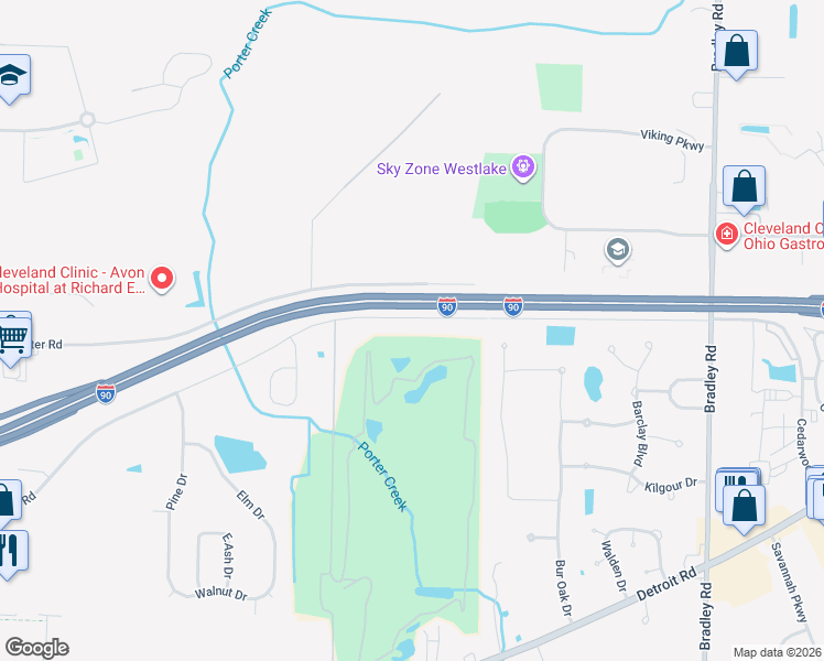 map of restaurants, bars, coffee shops, grocery stores, and more near 31901 Avon Road in Avon
