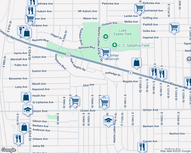map of restaurants, bars, coffee shops, grocery stores, and more near 10701 Kingsbury Boulevard in Cleveland