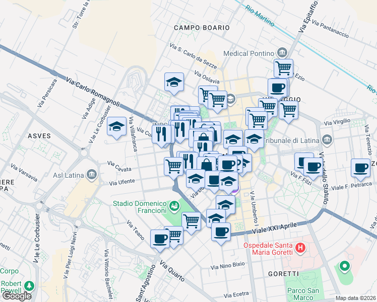 map of restaurants, bars, coffee shops, grocery stores, and more near in Latina