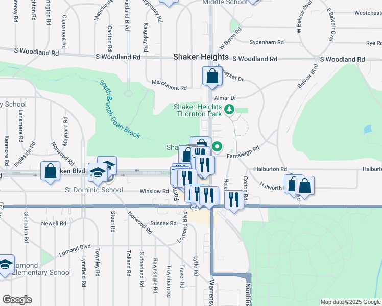 map of restaurants, bars, coffee shops, grocery stores, and more near 20133 Farnsleigh Road in Shaker Heights