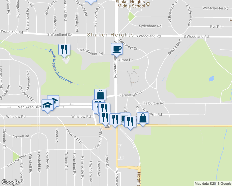 map of restaurants, bars, coffee shops, grocery stores, and more near 3385 Tuttle Road in Shaker Heights