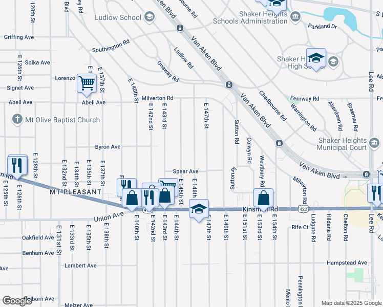 map of restaurants, bars, coffee shops, grocery stores, and more near 3379 East 145th Street in Cleveland