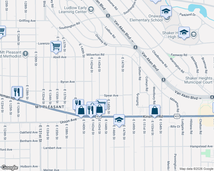 map of restaurants, bars, coffee shops, grocery stores, and more near 3385 East 145th Street in Cleveland