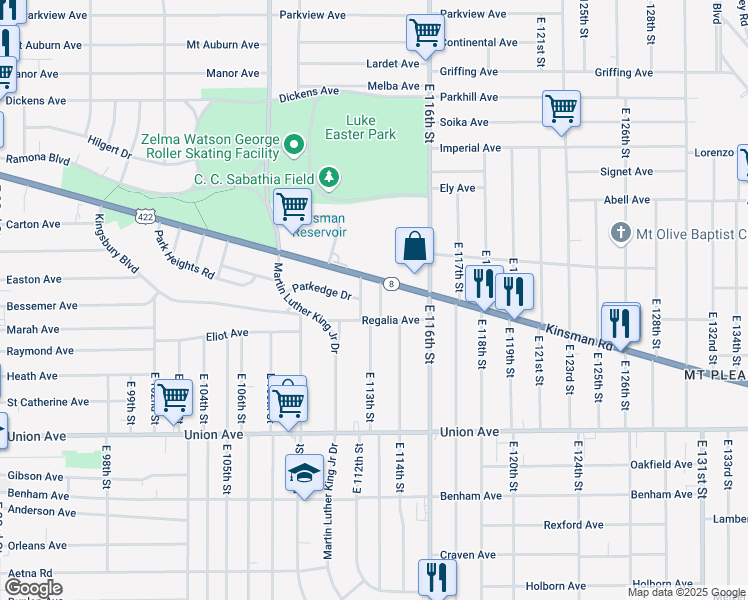map of restaurants, bars, coffee shops, grocery stores, and more near 3356 East 112th Street in Cleveland