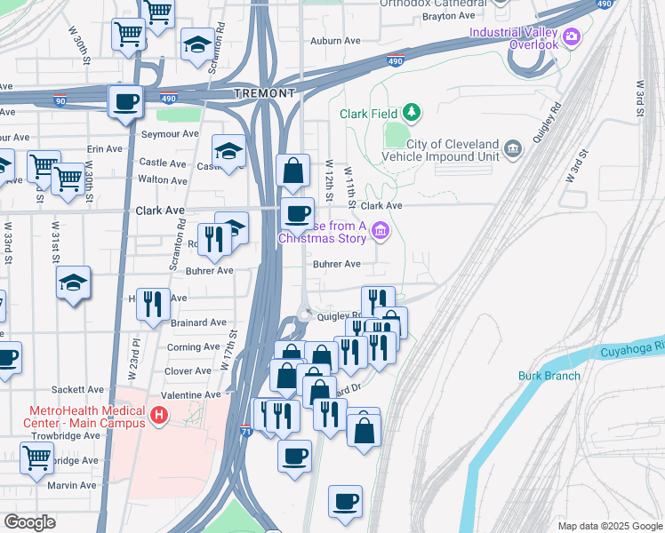map of restaurants, bars, coffee shops, grocery stores, and more near 1198 Holmden Avenue in Cleveland