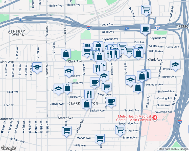 map of restaurants, bars, coffee shops, grocery stores, and more near 3515 Trent Avenue in Cleveland