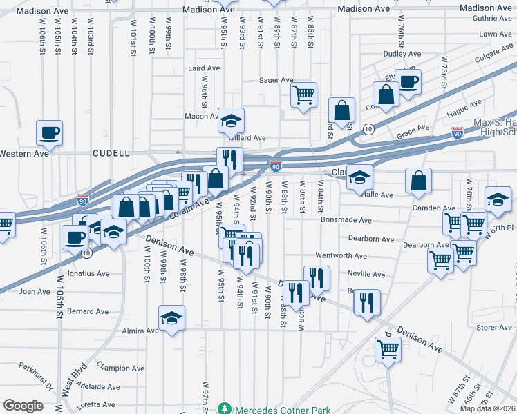 map of restaurants, bars, coffee shops, grocery stores, and more near 3164 West 92nd Street in Cleveland