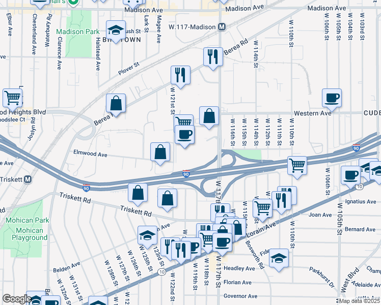 map of restaurants, bars, coffee shops, grocery stores, and more near 3100 W 120th St in Cleveland
