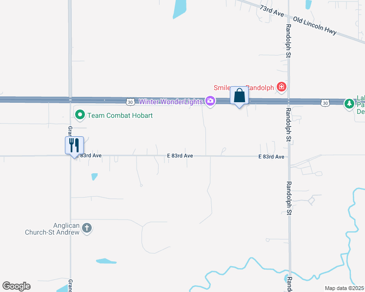 map of restaurants, bars, coffee shops, grocery stores, and more near 7202 East 83rd Avenue in Crown Point