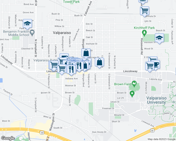 map of restaurants, bars, coffee shops, grocery stores, and more near 1 Valparaiso Street in Valparaiso